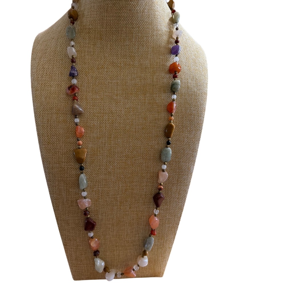 Vintage Gemstone Chip Necklace Multicolor Tumbled Stone Beaded Barrel Clasp